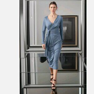 NWT Zara Size S  Side Tie V-Neck Light Dusky Blue Knit Wrap Midi Dress